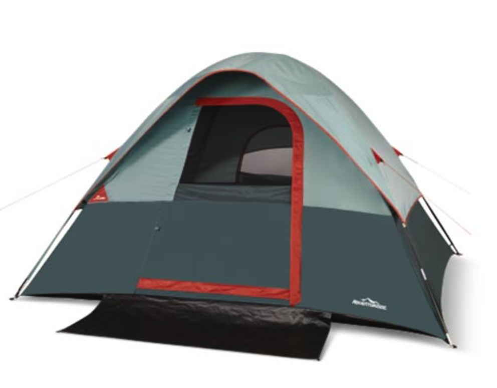 An Adventuridge dome tent in light teal and dark teal with red accent zippers, fully pitched on a black ground footprint against a white background